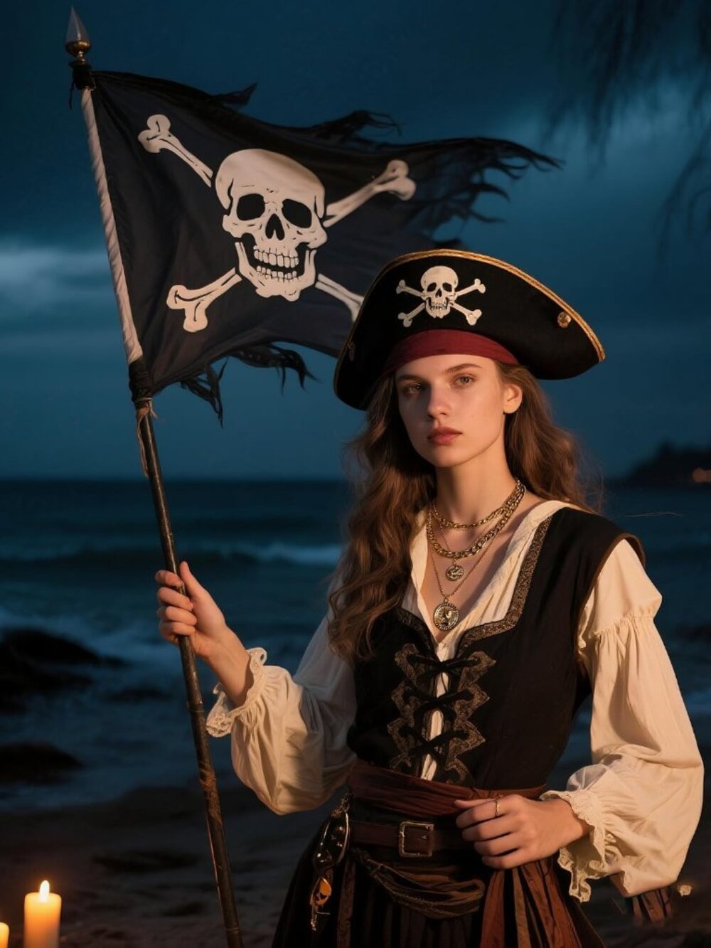 Retro Gold Pirate Layered Necklace with Coin Pendant - Picture 4 of 6